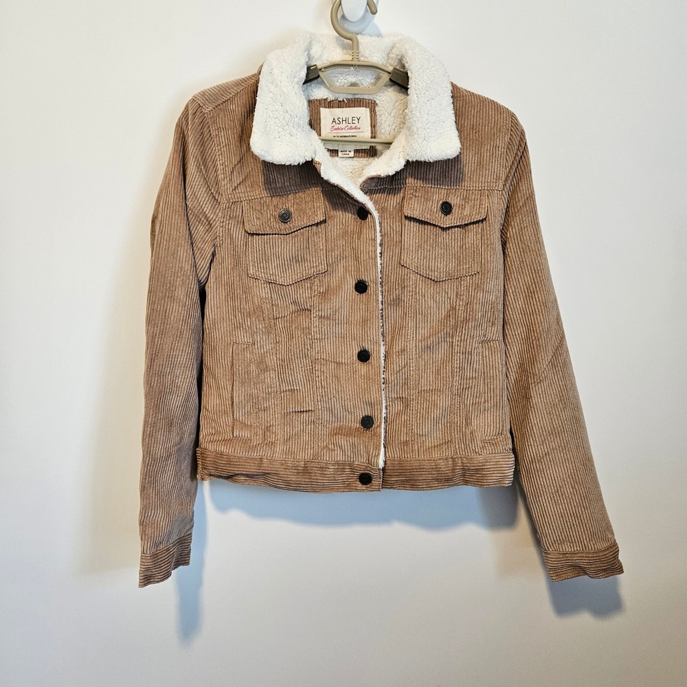 ASHLEY Sunrise Jacket Coat Women's Medium Tan Corduroy Sherpa Lined Trucker